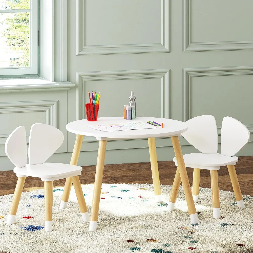 Conjunto de mesa e cadeira para crianças, orelha de elefante, mesa redonda para crianças e meninas, branco, 3 peças