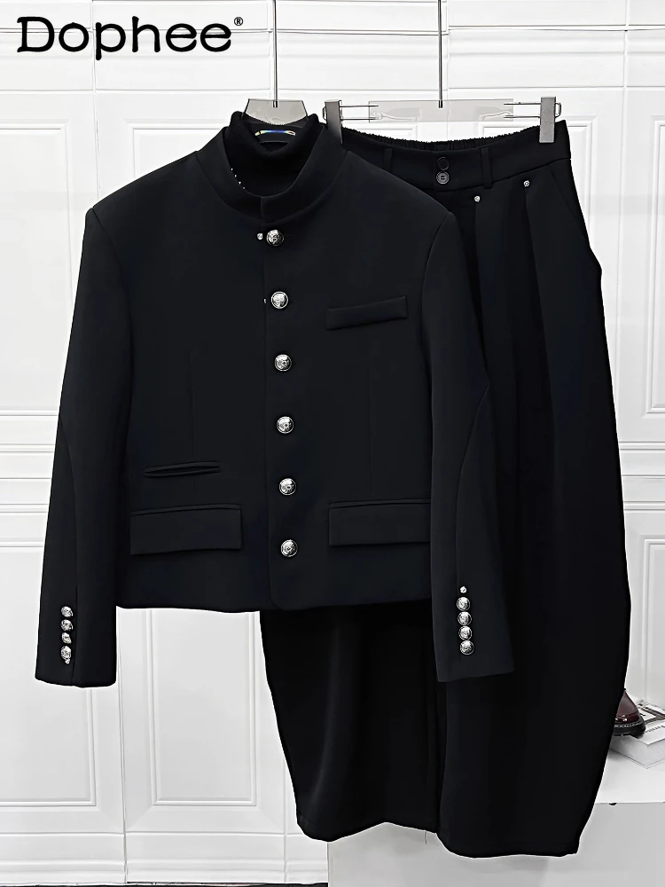 

Men 2025 Autumn New Fashion Stand Collar Jackets Metal Button Design Suit Jackets Suit Pants Padded Shoulder Handsome Suit Sets