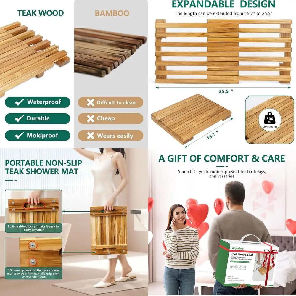 

Adjustable Teak Shower Mat - Non-Slip Wooden Bath Mat for Indoor Showers, Outdoor Spa, Sauna, and Pool Floors