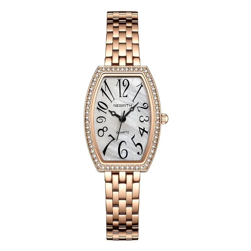 

REBIRTH D033 Роскошные модные женские часы Платья Tounneau Crystal Минималистичные часы для женщин Кварцевые часы