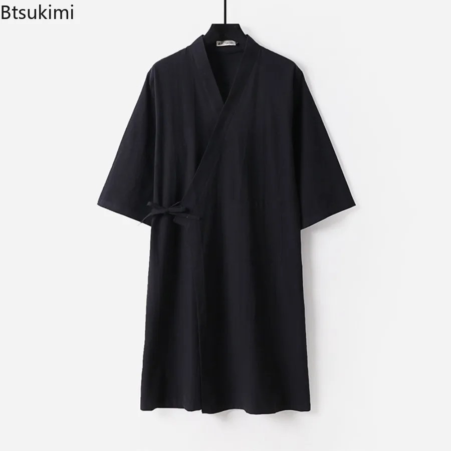 New 2025 Kimono Robe Men's Cotton and Linen Crepe Bathrobe Kimono Robes for Men Casual Loose Solid Color Short Sleeved Robe Male