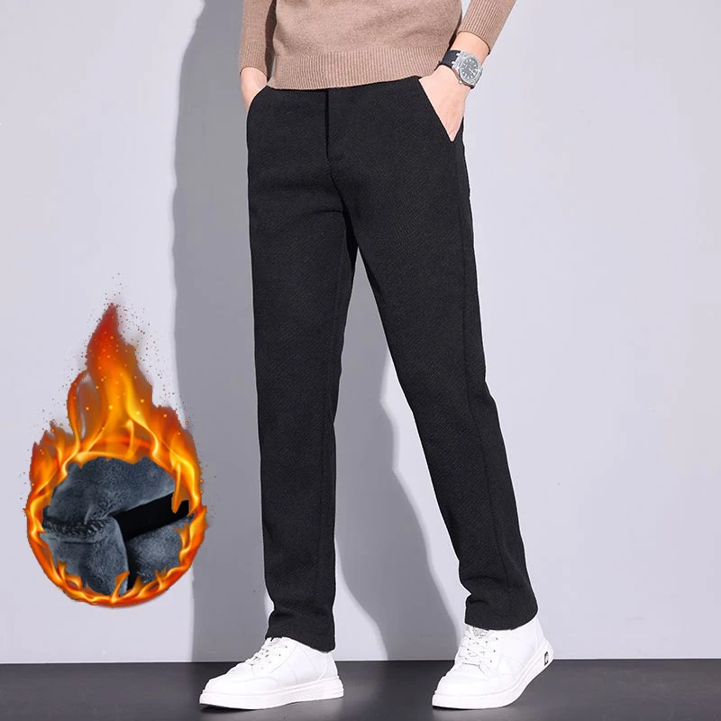 

Men New Winter Thermal Pants Male Business Casual Snow Warm Plush Fleece Pants Trend Slim Fit Straight Leg Black Blue Trousers