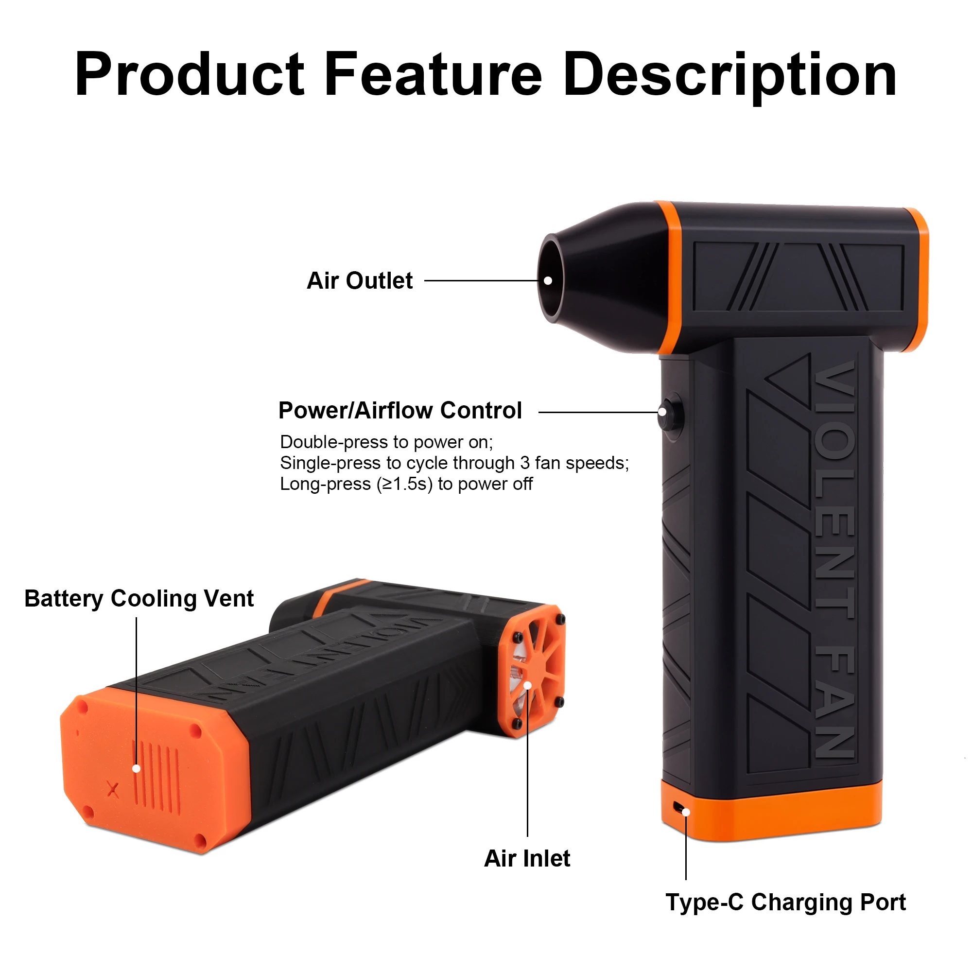 KANDE 1 Set Turbo Fan High Speed Supercharged Hurricane Vacuum Cleaner Handheld Wireless Mini Portable Mini Blower