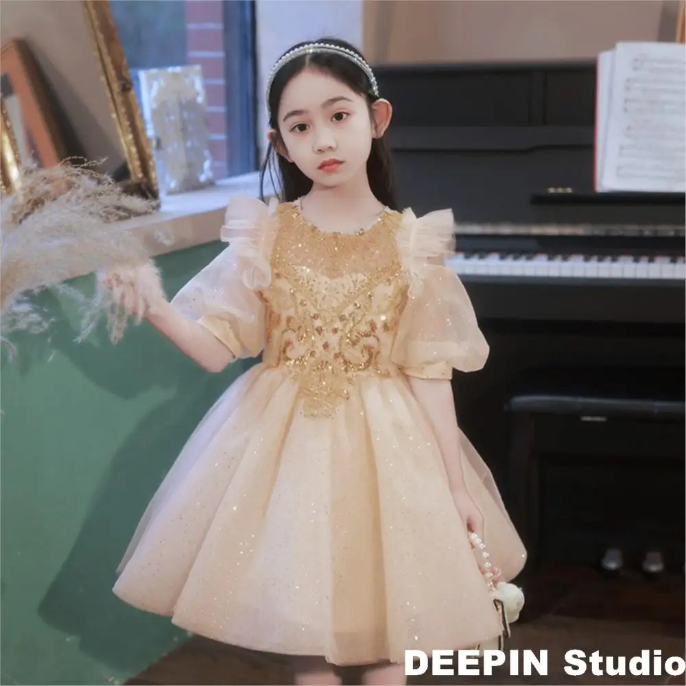 Children's Princess Dress 2024 New Flower Girls Host Children's Evening Dress Kids Catwalk Puffy Gauze Piano Performance Costume