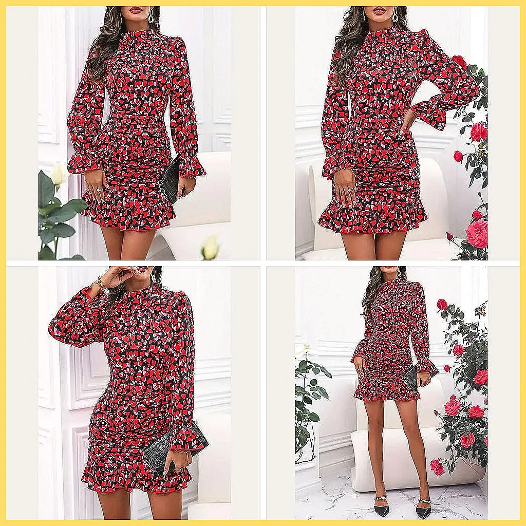 

Trendy Red Printed Mini Dress for Women, Flared Long Sleeve & O-Neck Elegant Party Dress