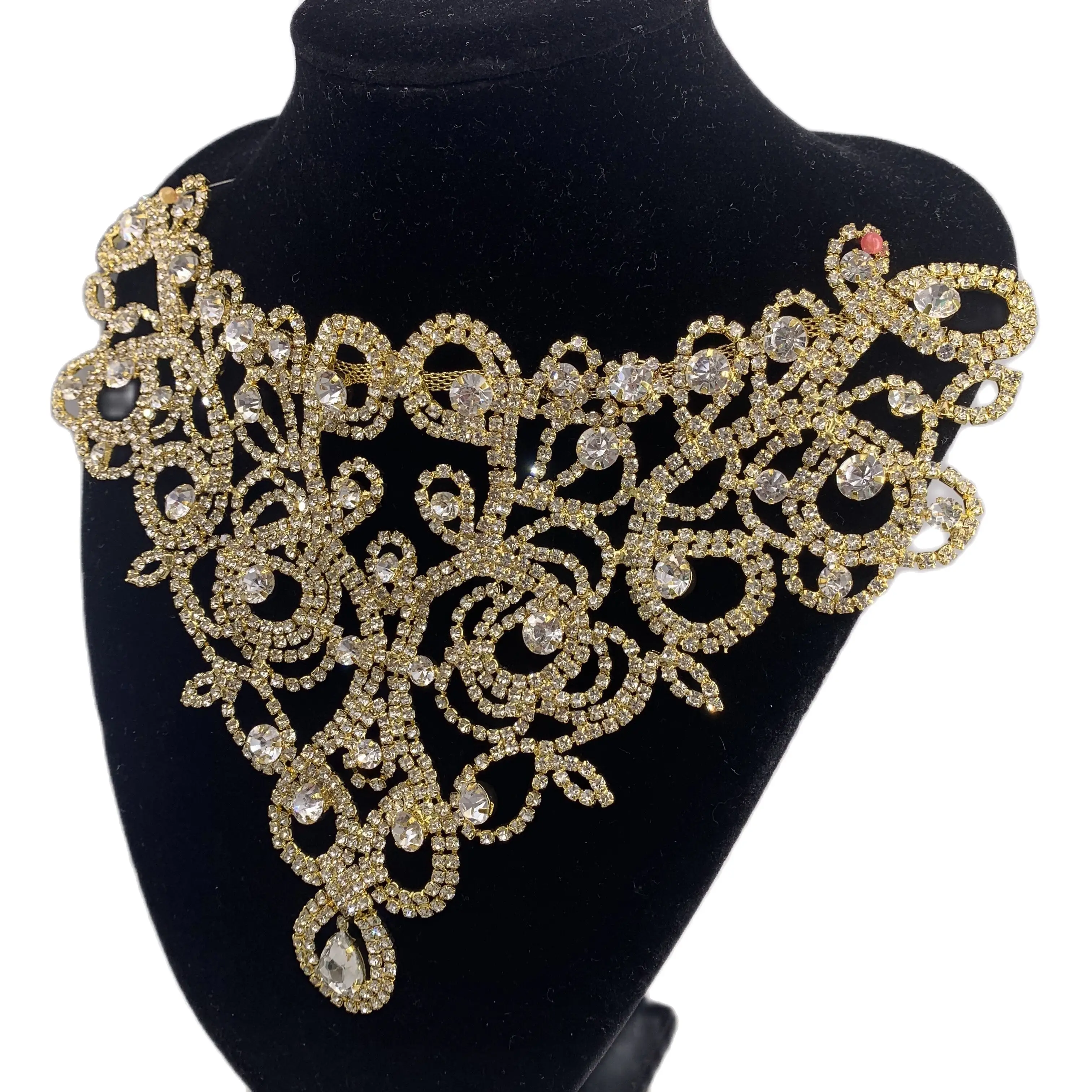 Neckline rhinestones sewn on necklace accessorize wedding dress Sparkly crystal gold applique garment accessories