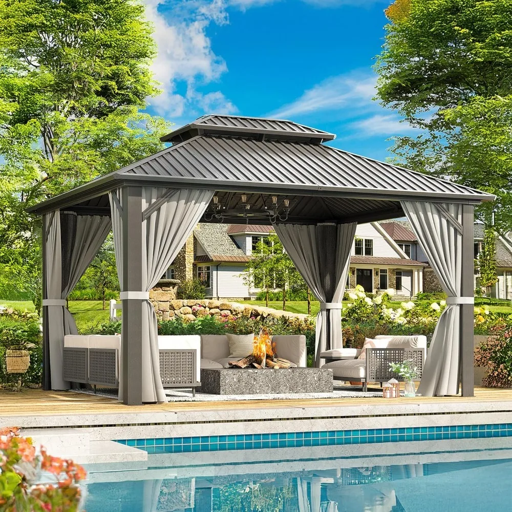 10x12 ft hardtop gazebo with aluminum frame, galvanized steel double roof gazebo with net and curtains for patio, decks