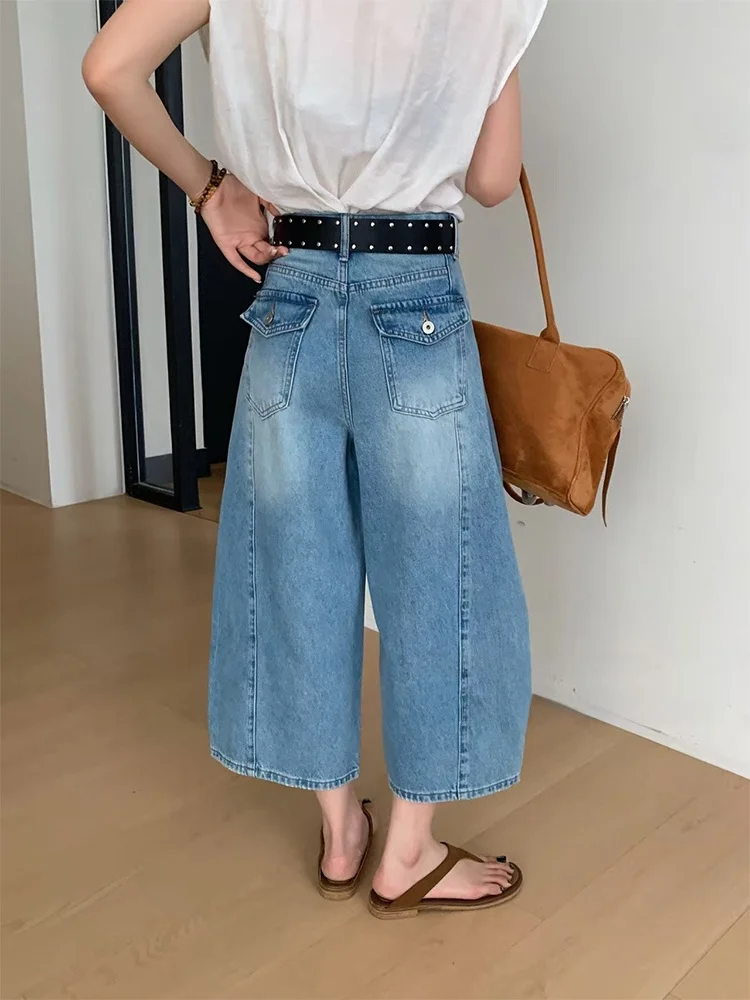 Calça Jeans Feminina Retrô de Cintura Alta com Perna Larga, Casual, Lavada, Solta, Efeito Emagrecedor, Comprimento Médio, Jea...