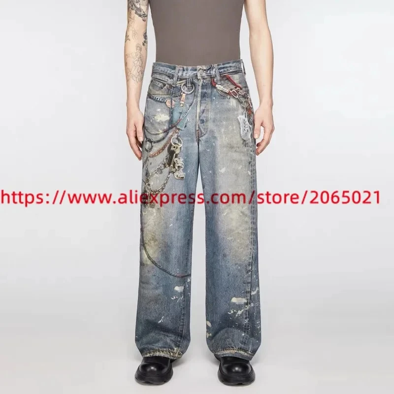 Elastic Floor Retro Distressed Patchwork Pants Jeans For Men Women Black Washed Joggers Trousers