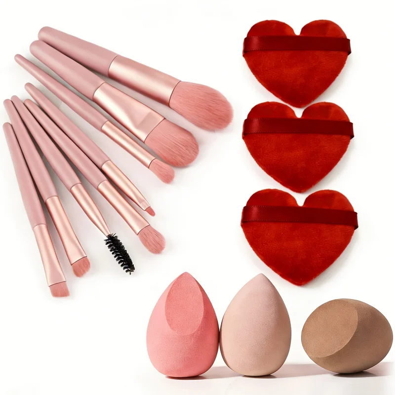 8 Make-up-Pinsel + 3 Make-up-Schwämme + 3 herzförmige Make-up-Puderquasten, professionelle Make-up-Werkzeuge für Damen, weiche Borsten