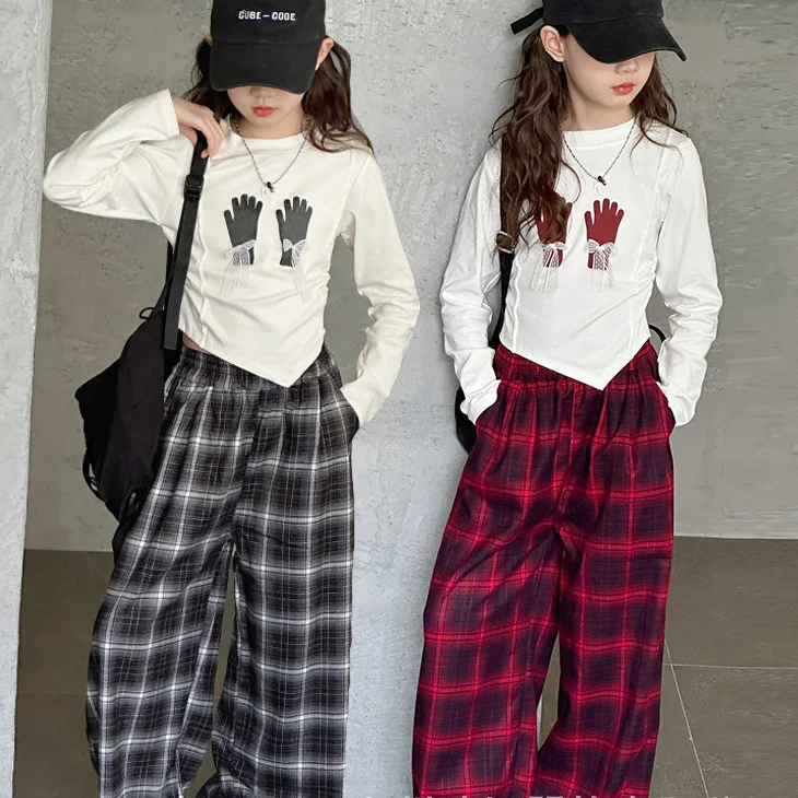 

Korean Children Girls Sets Autumn Bowknot Printed T-shirt+Plaid Pant Baby Girls Two-piece Sets Long Sleeves Kids Girls Sport Set