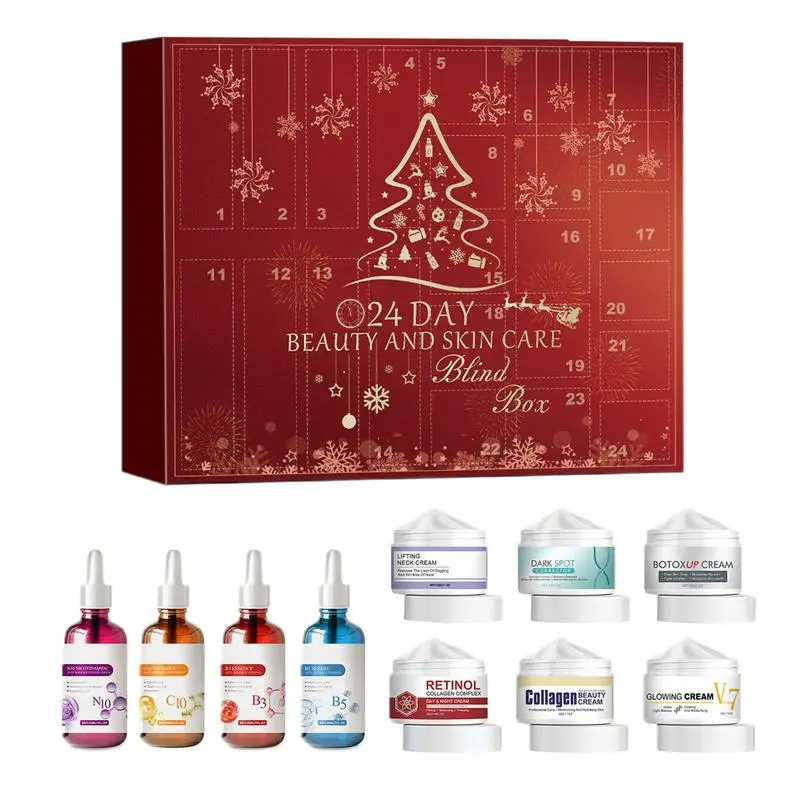 24pcs Christmas Countdown Calendar Beauty Box 6pcs face cream retinol cream 4pcs Brightening Firming Hydrating face serum