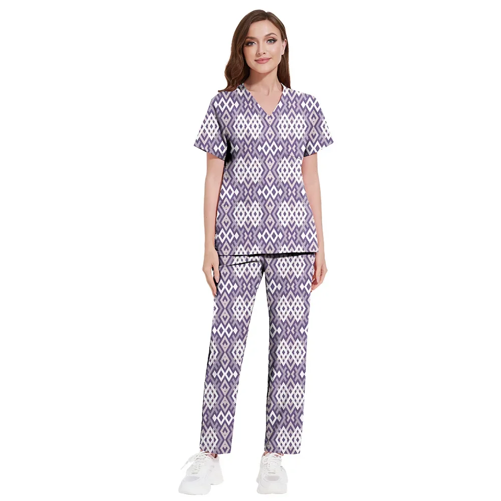 New Print Medical Scrubs Sets Medical Uniforms Women Scrubs Tops Pant Nurses Accessories Dental Clinic  Spa Lab Workwear Clothes