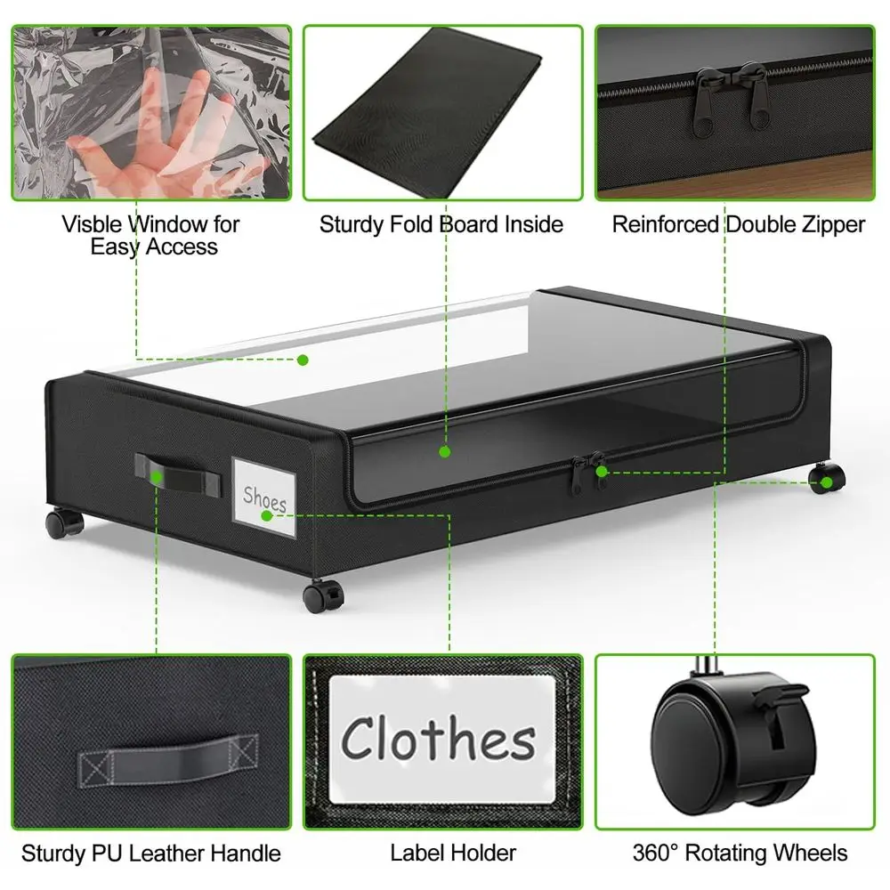 Paquet de 4 boîtes de rangement à roulettes sous le lit avec dessus transparents, organisateur pour chaussures, vêtements et couvertures en noir