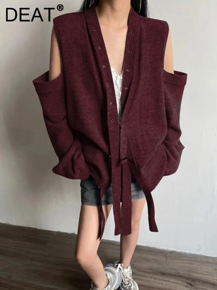 DEAT Fashion Ankela Red Knitted Cardigan Women's Shoulder Hollow Out Ribbon Decorate Sweater Coat Autumn Spring 2025 New 7AB1714