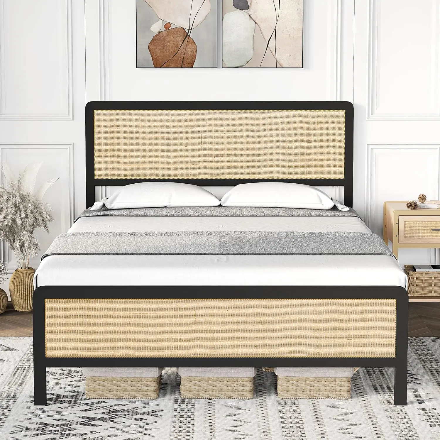 

Queen Size Bed Frame with Rattan Headboard and Footboard,Platform Bed Frame with Safe Rounded Corners,Strong Metal Slats Support