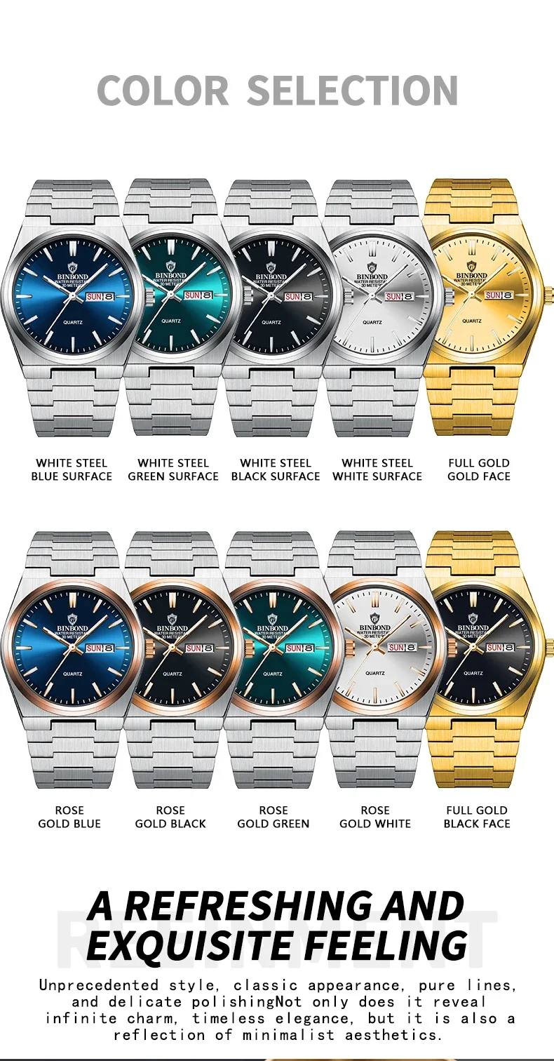 ساعة كوارتز للعمل والترفيه للرجال ، إضاءة ليلية ، تقويم مزدوج رفيع ، علامة تجارية للأزياء ، B102 ، من bbond