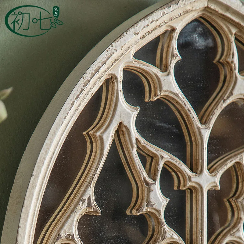 French retro wall wall hanging mirror, living room solid wood carving flower wall decoration fitting