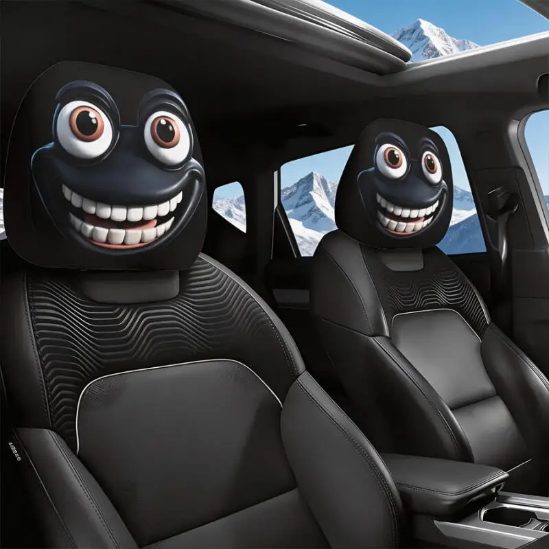 2PCS-2D Big Grin Cartoon Face Car Headrest Cover - Funny Expression Headrest Protector Universal Fit Auto Interior Decor