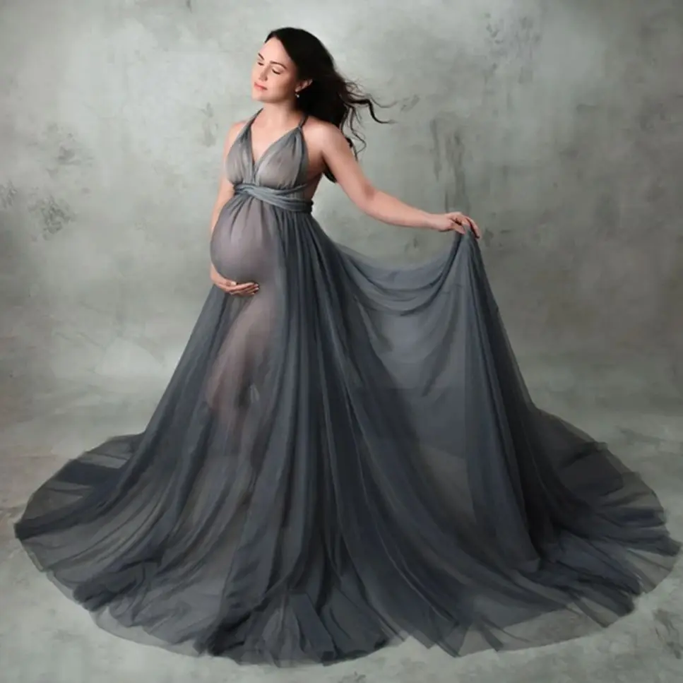 

Grey A Line Evening Dresses for Pregnant Women V Neck Sleeveless Maternity Photoshoot Robes See Thru Backless Baby Shower Gowns