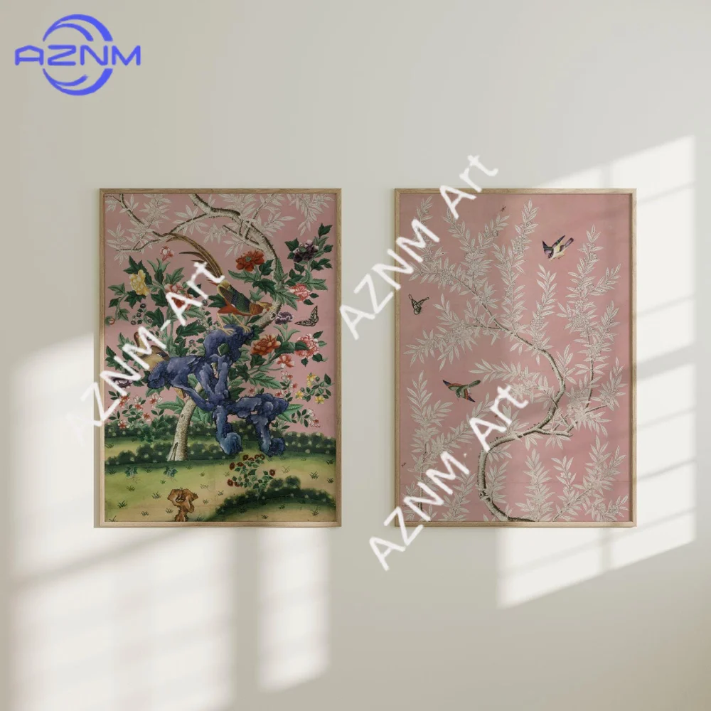 1/2 Stück rosa Chinoiserie-Panel mit Vogel- und Blumendruck |   Vintage japanische orientalische Wandkunst, Poster für Mädchenzimmer