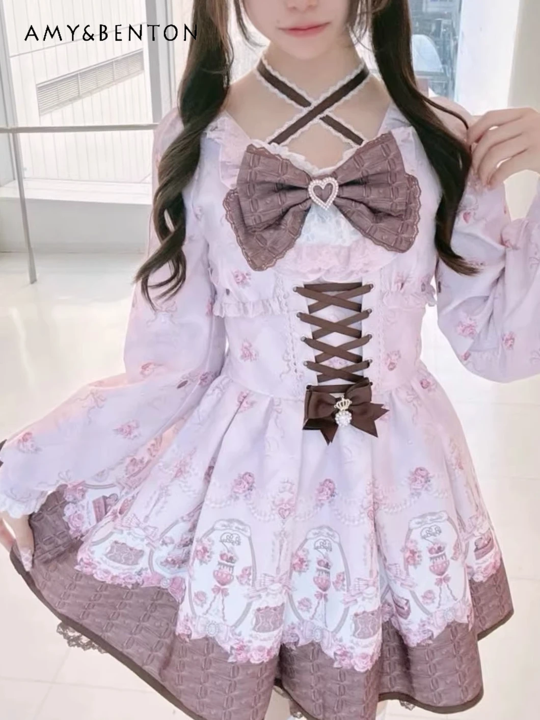 

Japanese Liz New Sweet Cross Halter Dress for Women Lolita Style Cute Bowknot Cartoon Printed OP Long Sleeve Slim Mini Dress