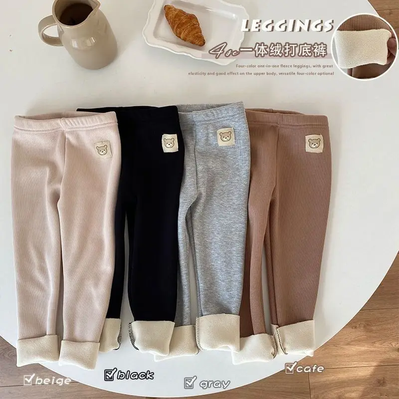 Autumn and Winter New Children's Integrated Cashmere Leggings Boy Girls Simple Fashion Plus Cashmere Warm Cartoon Stretch Pants