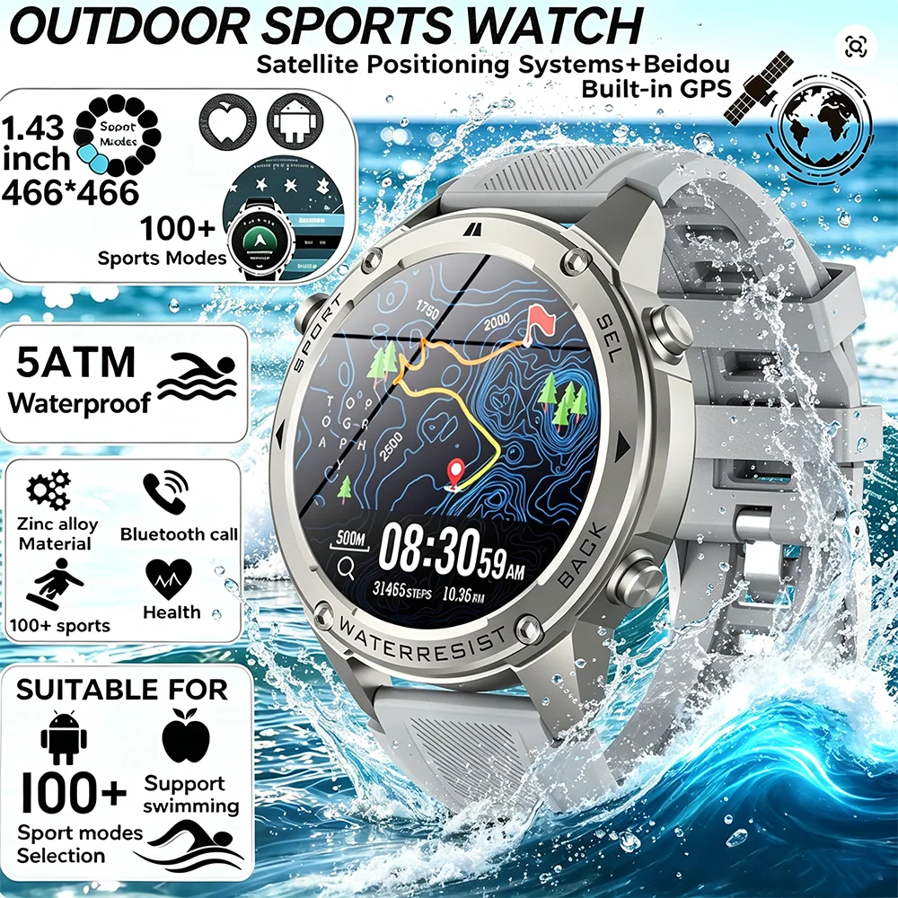 Outdoor Sport Smart Watch - 2026年新型GPSルートナビゲーションスマートウォッチ ミリタリーオフラインマップ 5ATM防水スイムクロック 500mAhバッテリー メンズアウトドアウォッチ