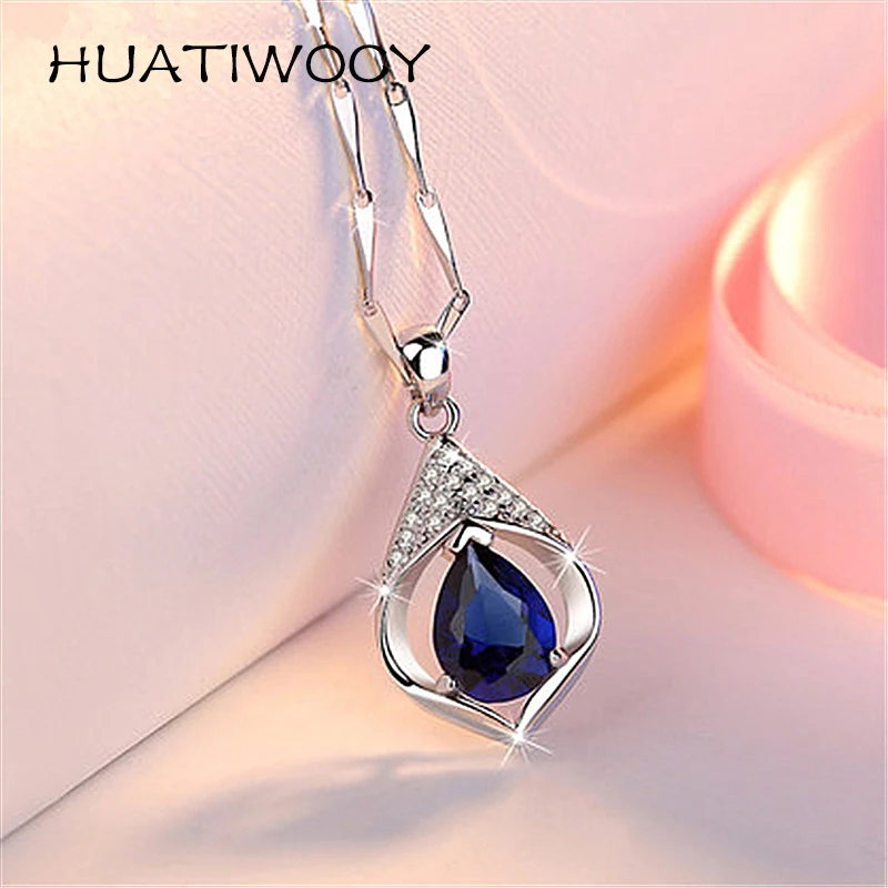 

Elegant Necklace 925 Silver Jewelry with Sapphire Zircon Gemstone Pendant Accessories for Women Wedding Party Gifts Wholesale