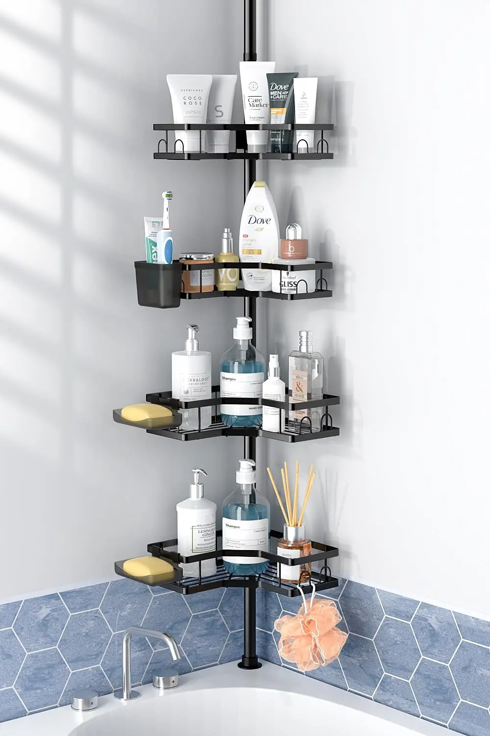 

Corner Shower Caddy Tension Pole: 4tier adjustable Rustproof Bathroom Organizer Shelves - Bathtub shampoo rack 43.5-120 inch