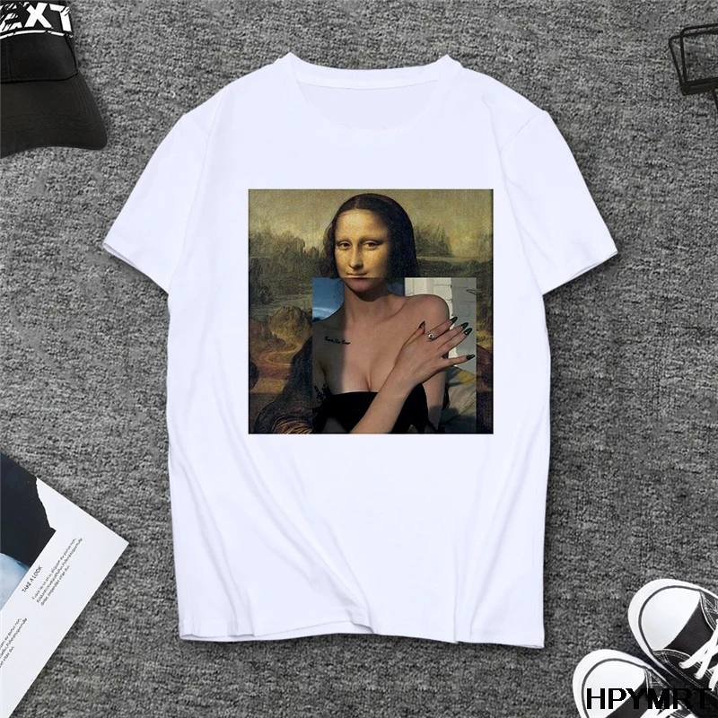 Mona Lisa Smoking Funny Women T Shirt Spoof Summer Fashion Casual Short Sleeve Aesthetic Female T-shirt Summer 2021 Tshirt Femme