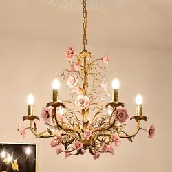 French Garden pink crystal Chandelier lamps Vintage ceramic Flower red Rose Clothing Store Restaurant LED Candle Ktchen lighting
