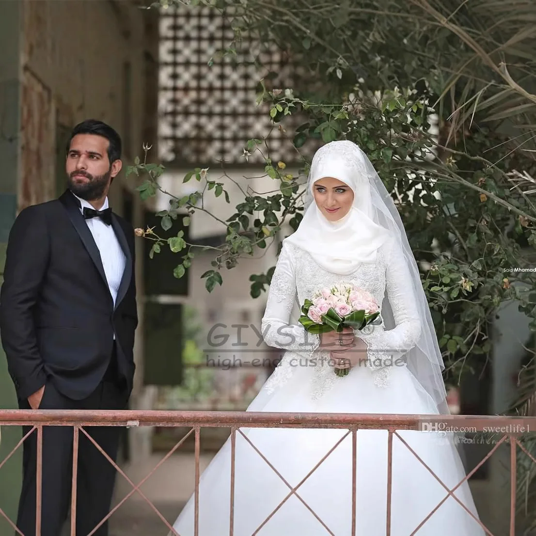 GIYSILE Gaun Pengantin Muslim Islam Arab Timur Tengah Gaun Pengantin Leher Tinggi Lengan Panjang Gaun Pengantin Sutra Putih