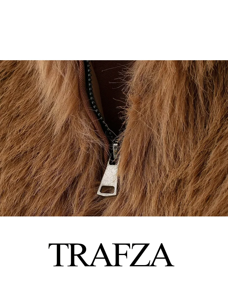 Trafza moda feminina inverno peludo turn down collar manga longa jaqueta feminina elegante quente zíper efeito de pele do falso casaco texturizado