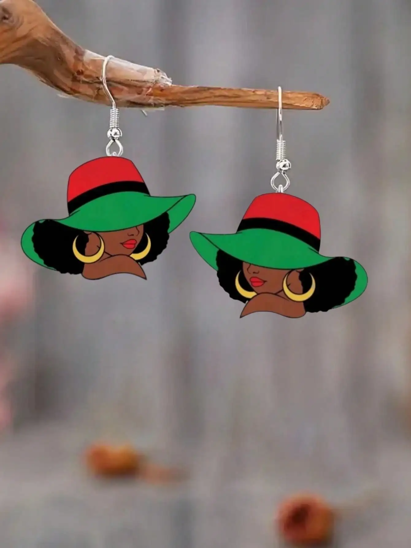 

African Woman Hat Earrings, Acrylic Print Design with Stainless Steel Hooks, Lightweight for Daily & Party Wear