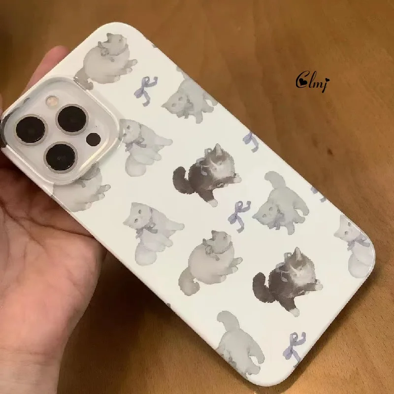 Clmj Vintage Bow Cat Phone Case For iPhone 11 12 13 Pro Max 7 8 Plus XR XS Cute Cartoon Animal Phone Case Silicone Cover INS