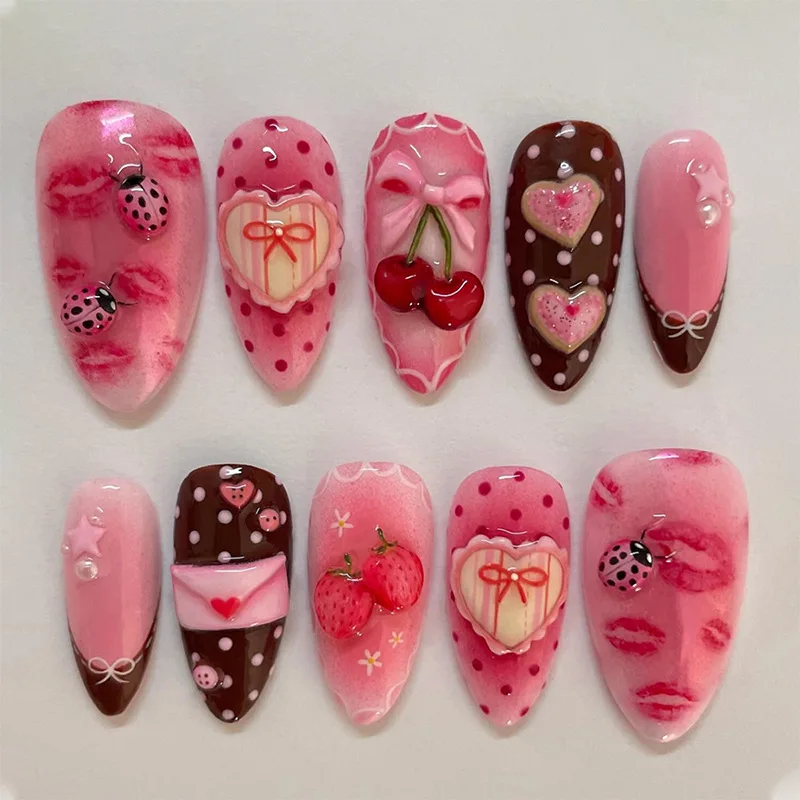 

24PCS Almond False Nails Colorful Press on Nails with 3D Flower Beach Paintings Design Full Cover Glue on Fake Nails for Women