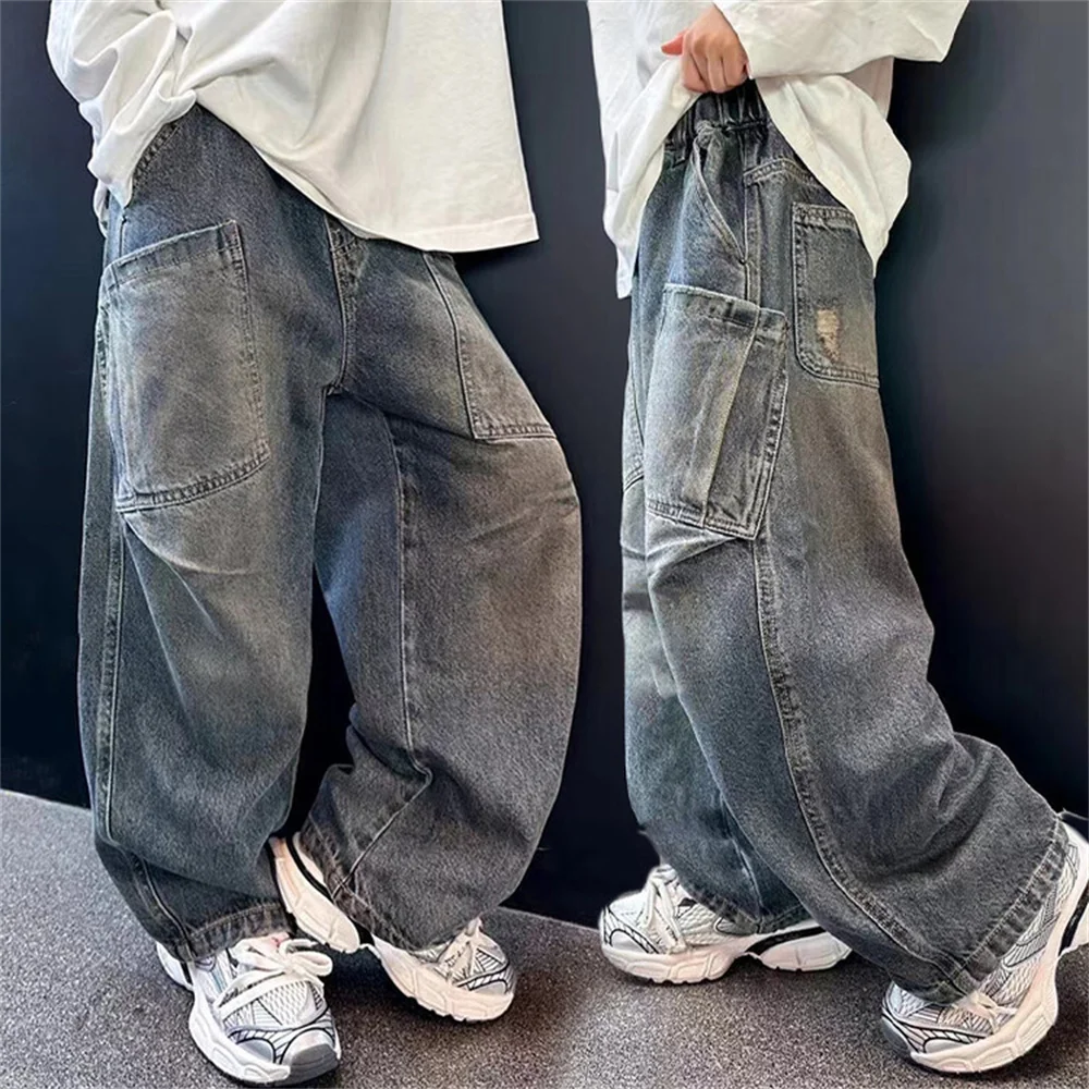 9720 Korean Version Of Boys Street Dance Jeans Wide Leg Pants Children\'s Side Pockets Kid Jeans Denim Cargo Pants