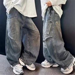 9720 Korean Version Of Boys Street Dance Jeans Wide Leg Pants Children's Side Pockets Kid Jeans Denim Cargo Pants