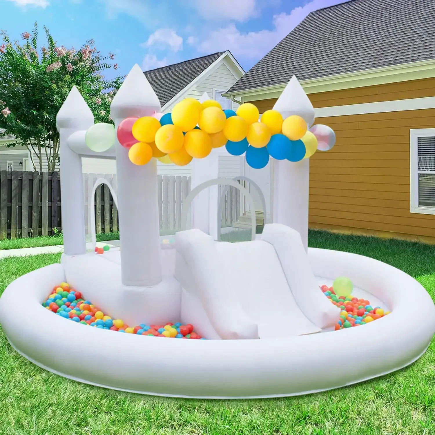 Inflatable White Bounce House Castle, Jumper Bouncy House with Slide and Blower Castle in The Water Theme Wedding Birthday Party