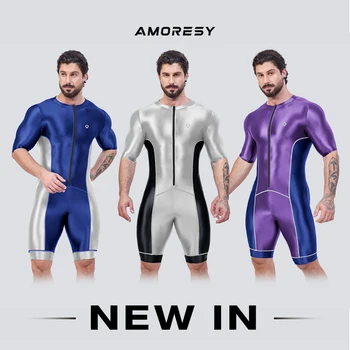 AMORESY seria Gladius zamek błyskawiczny z przodu z krótkim rękawem elastan sportowy kombinezon do kolan Romper Unitard kombinezon Fitness stroje kąpielowe strój kąpielowy