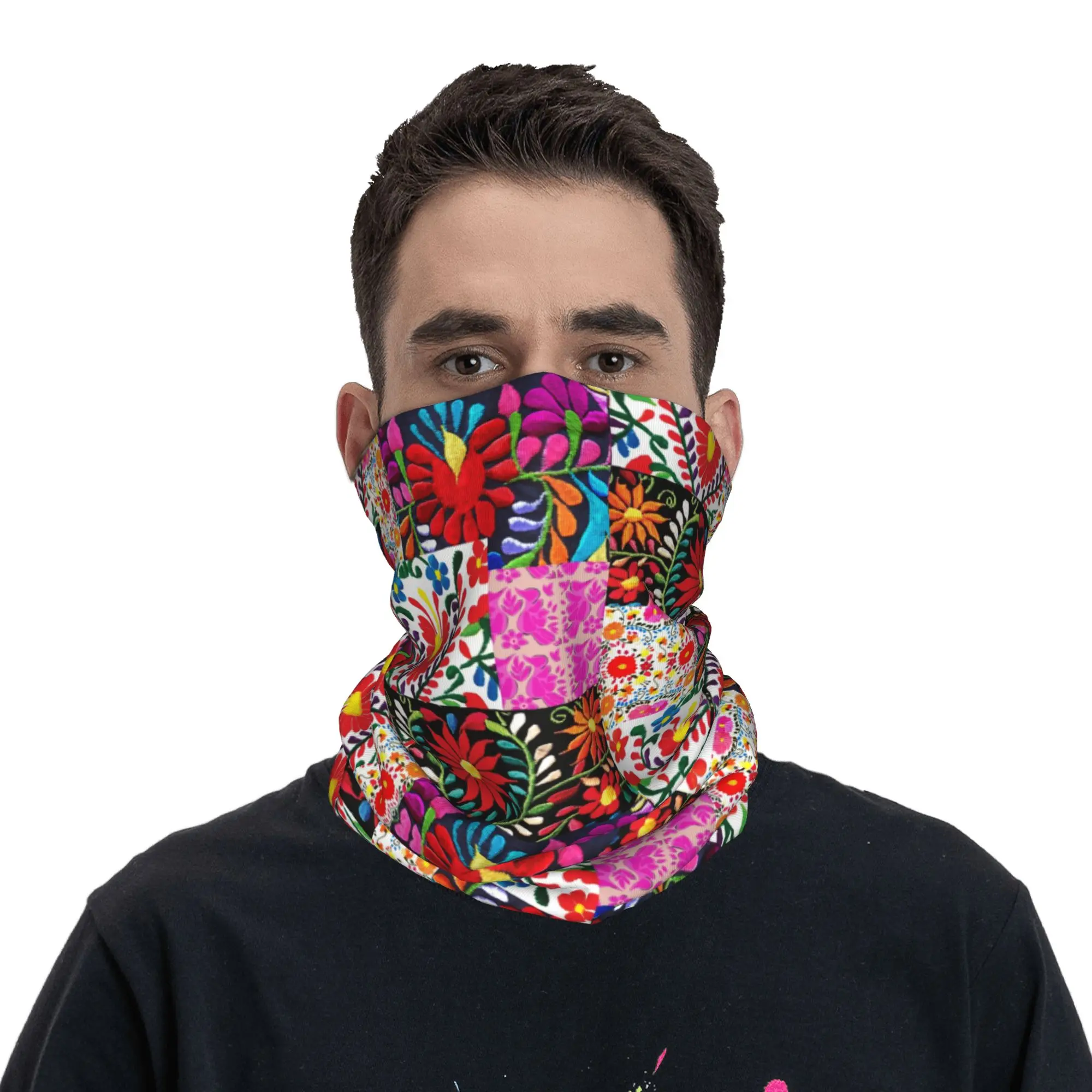 

Mexican Flower Patchwork Print Bandana Neck Gaiter for Hiking Cycling Women Men Wrap Scarf Balaclava Warmer Face Scarf Cover