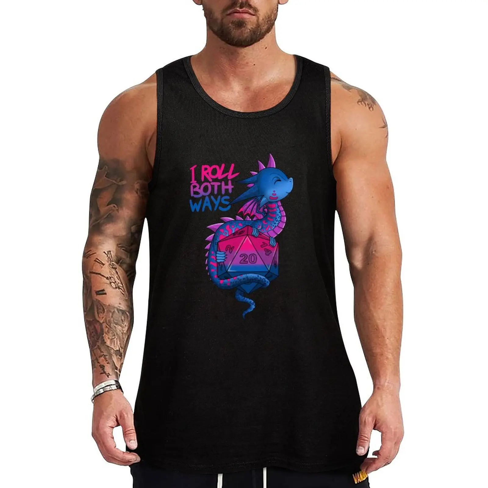 

Bi Pride Flag Dragon with D20 Tank Top muscle t-shirt sleeveless bodybuilding men men gym clothing