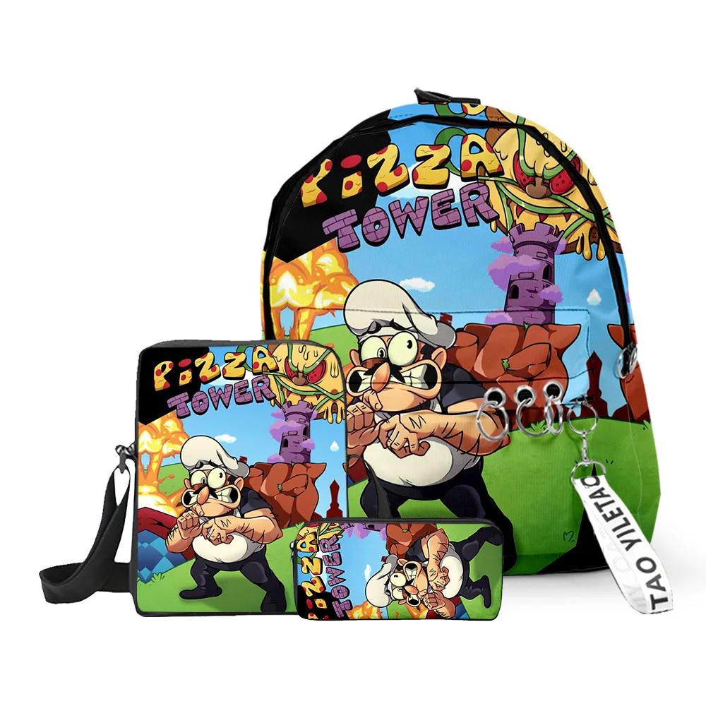 

Cartoon Youthful Pizza Tower Pepperman 3D Print 3pcs/Set Children Pupil bags Key Chain Small Backpack Shoulder Bag Pencil Case