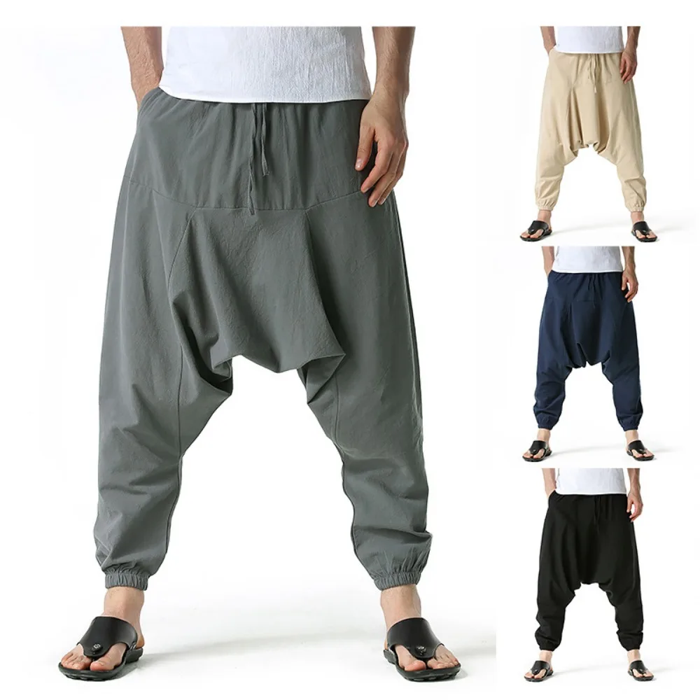 Men Cotton and Linen Pants Harem Pants Baggy Casual Oversize Loose Joggers Wide Leg Pants Yoga Drop Crotch Trousers Hip Hop