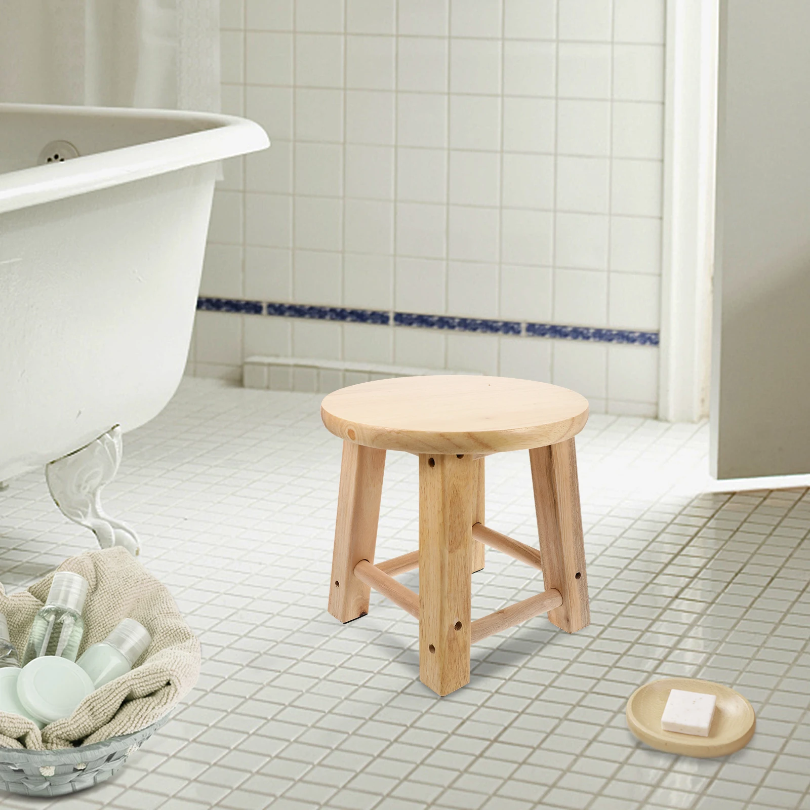 

1pc Solid Wood Round Stool Anti-slip Home Toilet Changing Shoes Lightweight Portable Bathroom Footstool for Kids Toddler