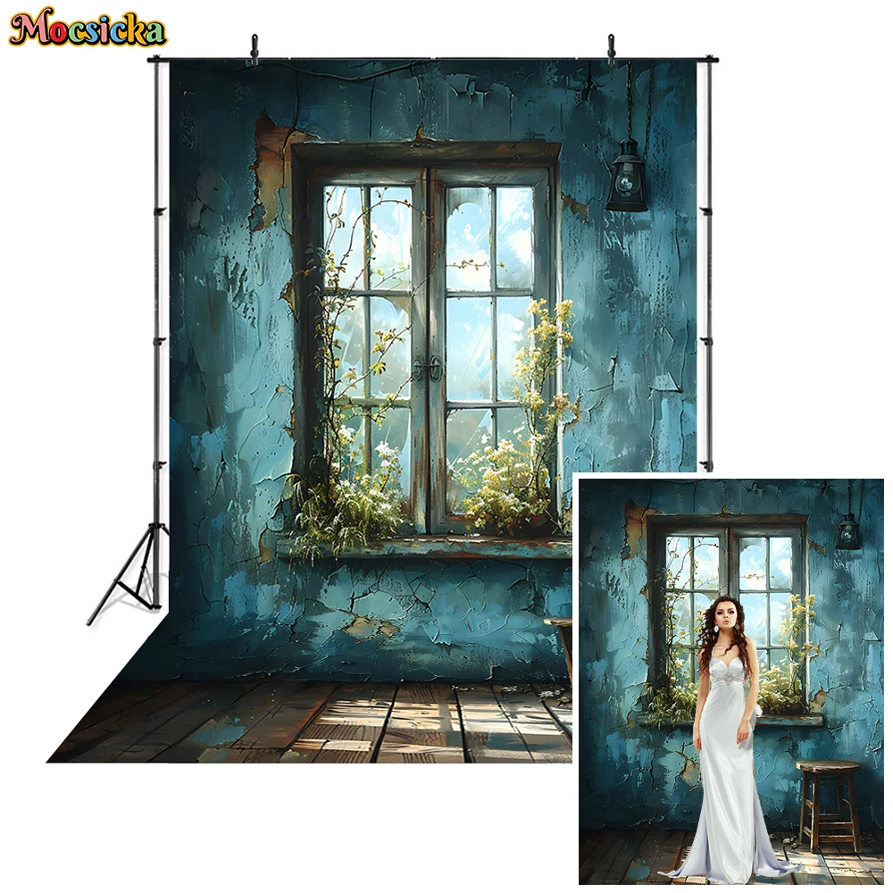 

Window Photography Background Studio for Girls Adult Birthday Portrait Blue Broken Wall Backdrop Grunge Room Floor Photobooth