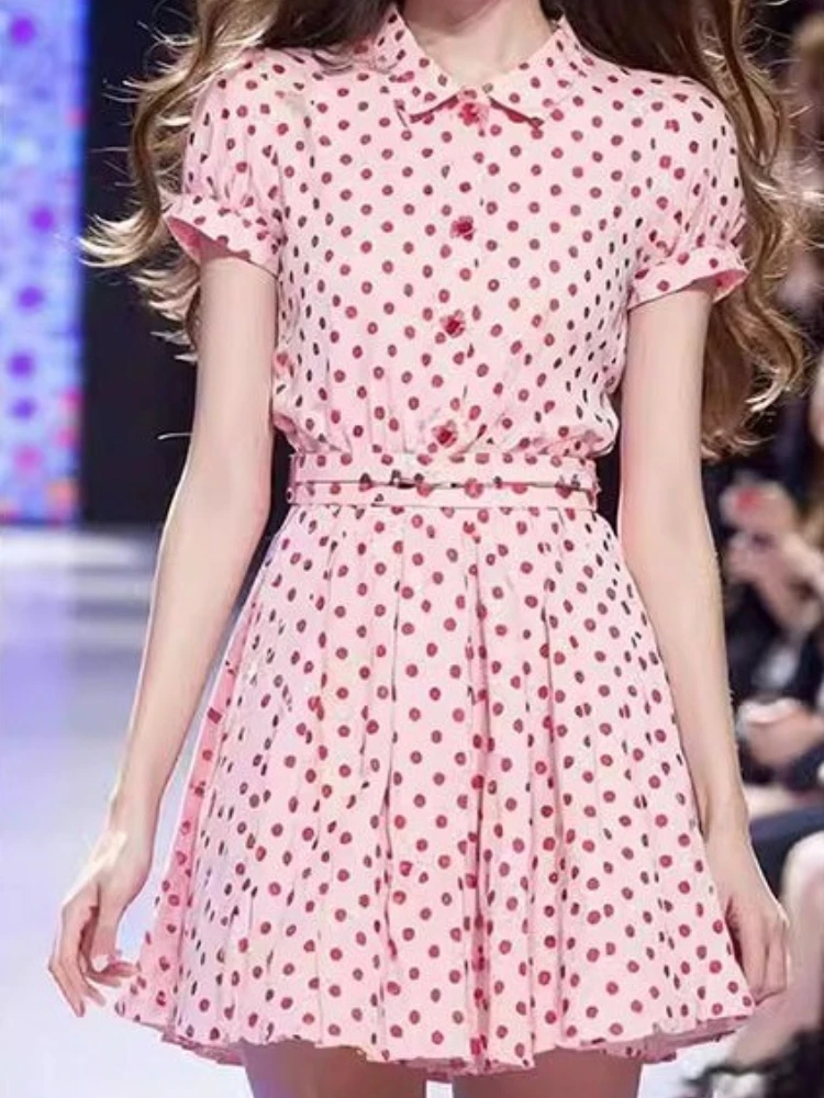 

French Sweet Dresses Polka Dot Turn Down Collar Puff Sleeve Pleated Dress Summer Female Slim Preppy Style Women's Clothing 2025
