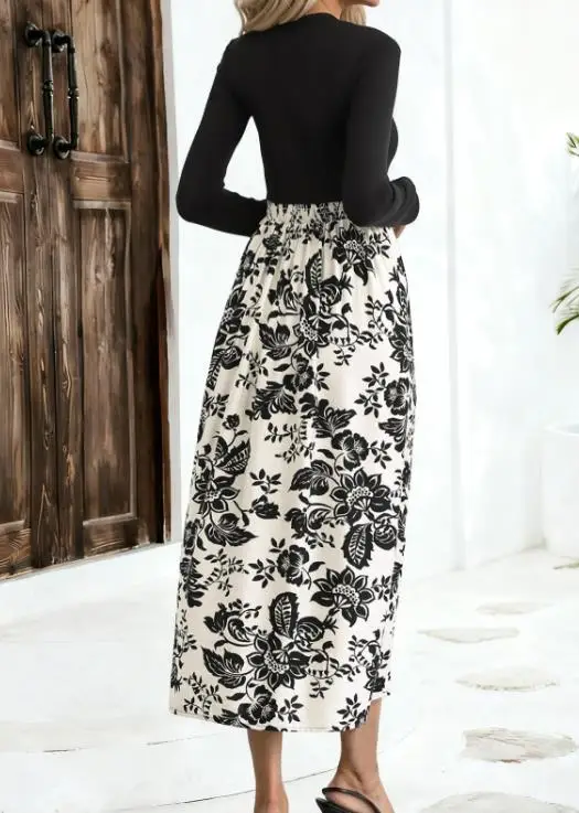 

Autumn 2025 Casual Minimalist Style Semi High Neck Printed Patchwork Long Sleeve Dress for Women