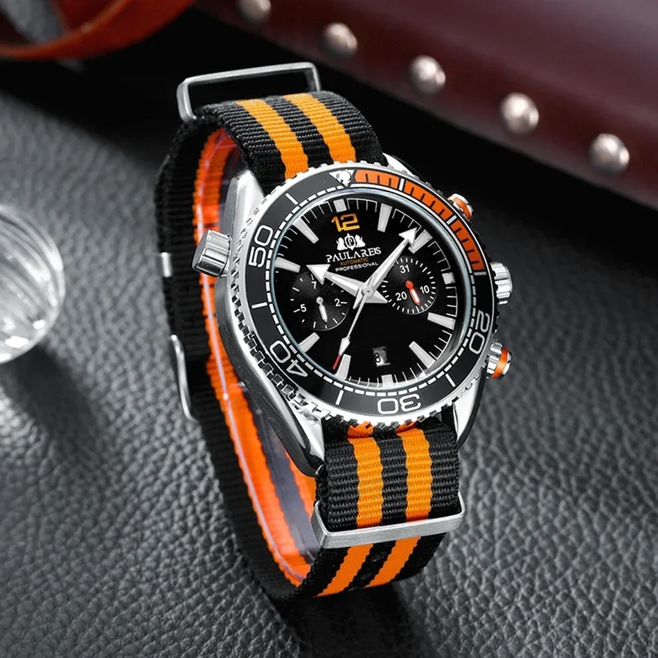 Automatic Watch Mechanical Self Wind Orange Black Canvas Multifunction Fashion 45mm for Men Wristwatches